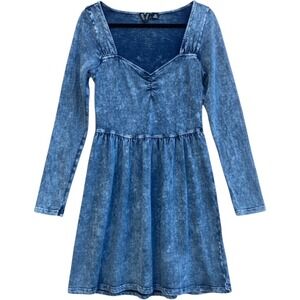 Roxy Women Dress Medium Blue Long‎ Sleeve Acid Wash Sweetheart Neck Mini